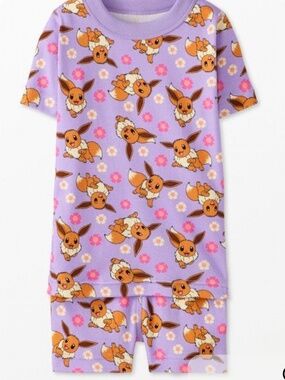 Soft short pajama set with repeating Eevee print. Stretchy knit fabric for comfo
